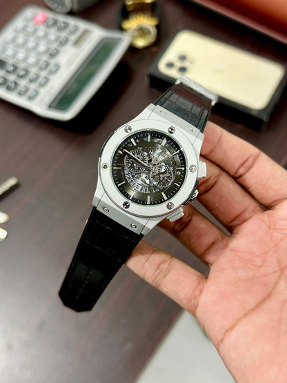 Hublot Men’s Luxury Stainless Steel Chronograph Watch with Black Leather Strap