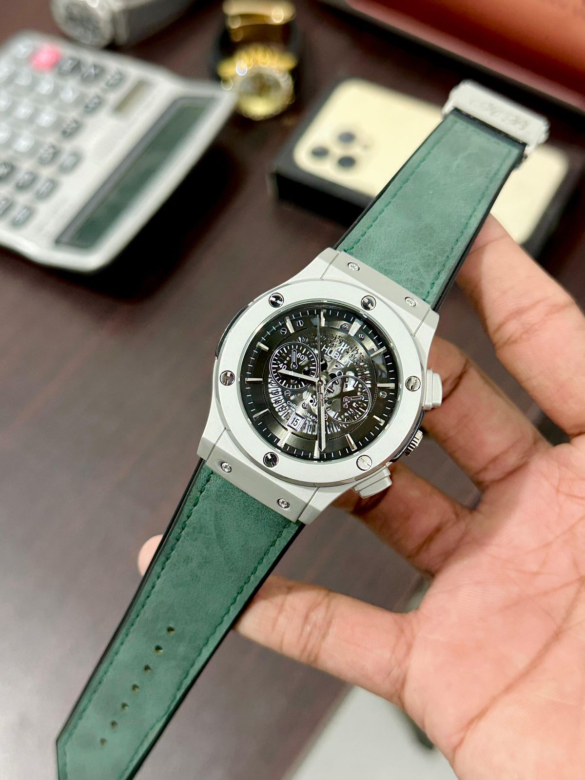 Hublot Men’s Luxury Stainless Steel Chronograph Watch with Black Leather Strap