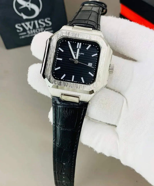 Patek Black Dial With Black Leather Strap