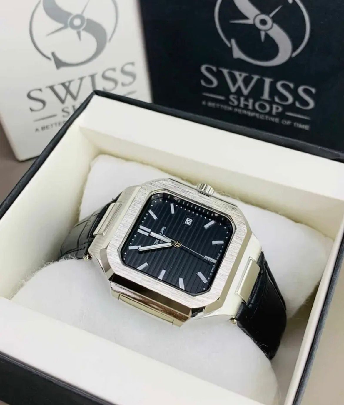 Patek Black Dial With Black Leather Strap