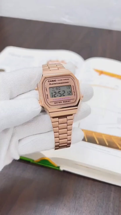 The Casio A168 Classic Digital Watch offers an original design, comprehensive functionality, premium stainless steel construction, and a bright LED illumination.
