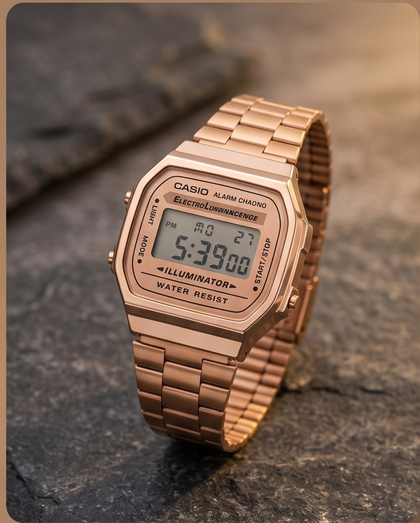 The Casio A168 Classic Digital Watch offers an original design, comprehensive functionality, premium stainless steel construction, and a bright LED illumination.