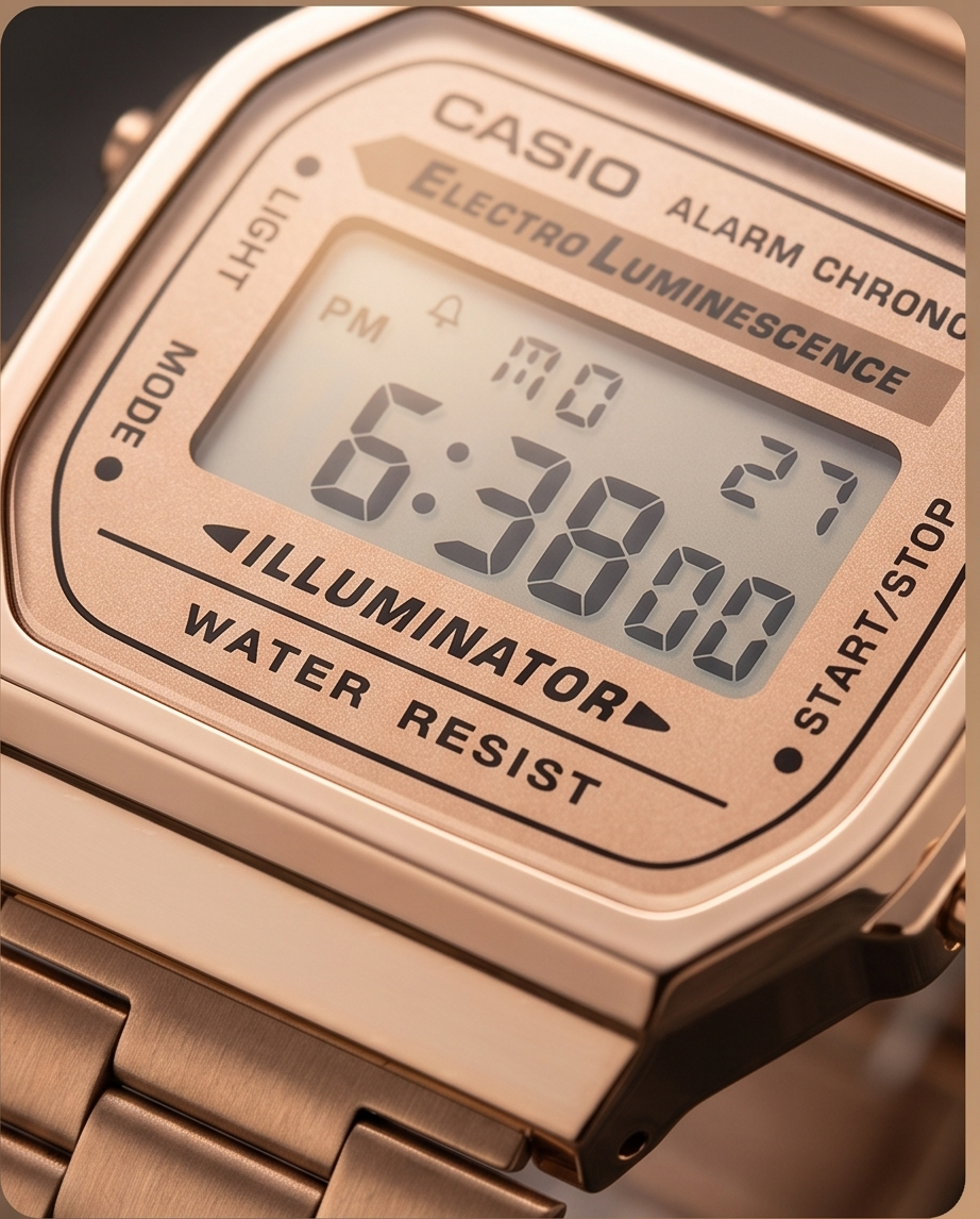 The Casio A168 Classic Digital Watch offers an original design, comprehensive functionality, premium stainless steel construction, and a bright LED illumination.